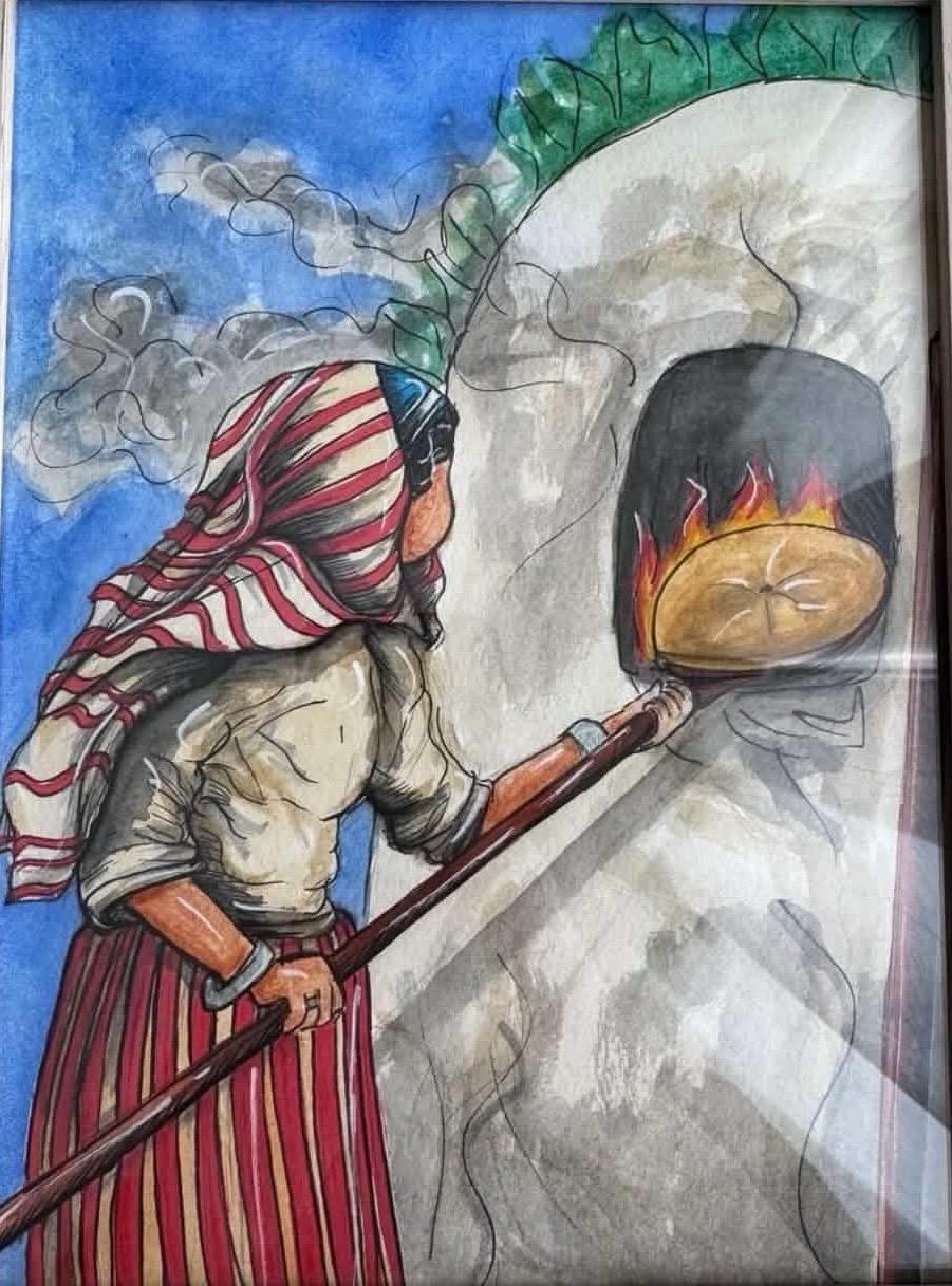 Aquarelle d'une femme au foulard rayé rouge et blanc qui enfourne une galette dans un four de terre, sous un ciel bleu