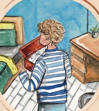 Ismaël de dos en marinière, un cartable rouge à la main, dans sa chambre, à l'aquarelle