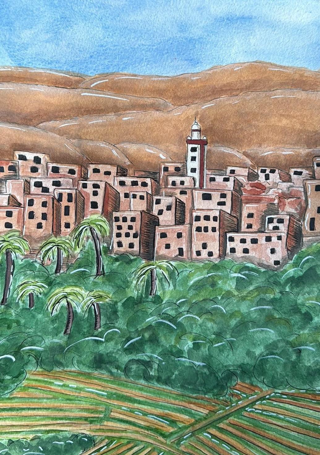 Aquarelle d'une kasbah marocaine : maisons de terre, minaret, palmiers et montagnes sous un ciel bleu