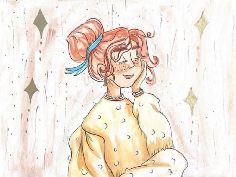 Illustration d'une jeune fille rousse aux taches de rousseur, chignon noué d'un ruban bleu, les yeux clos, la joue dans la main, entre des losanges dorés