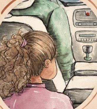 Samah vue de dos, cheveux bouclés attachés, assise à l'arrière d'une voiture, à l'aquarelle