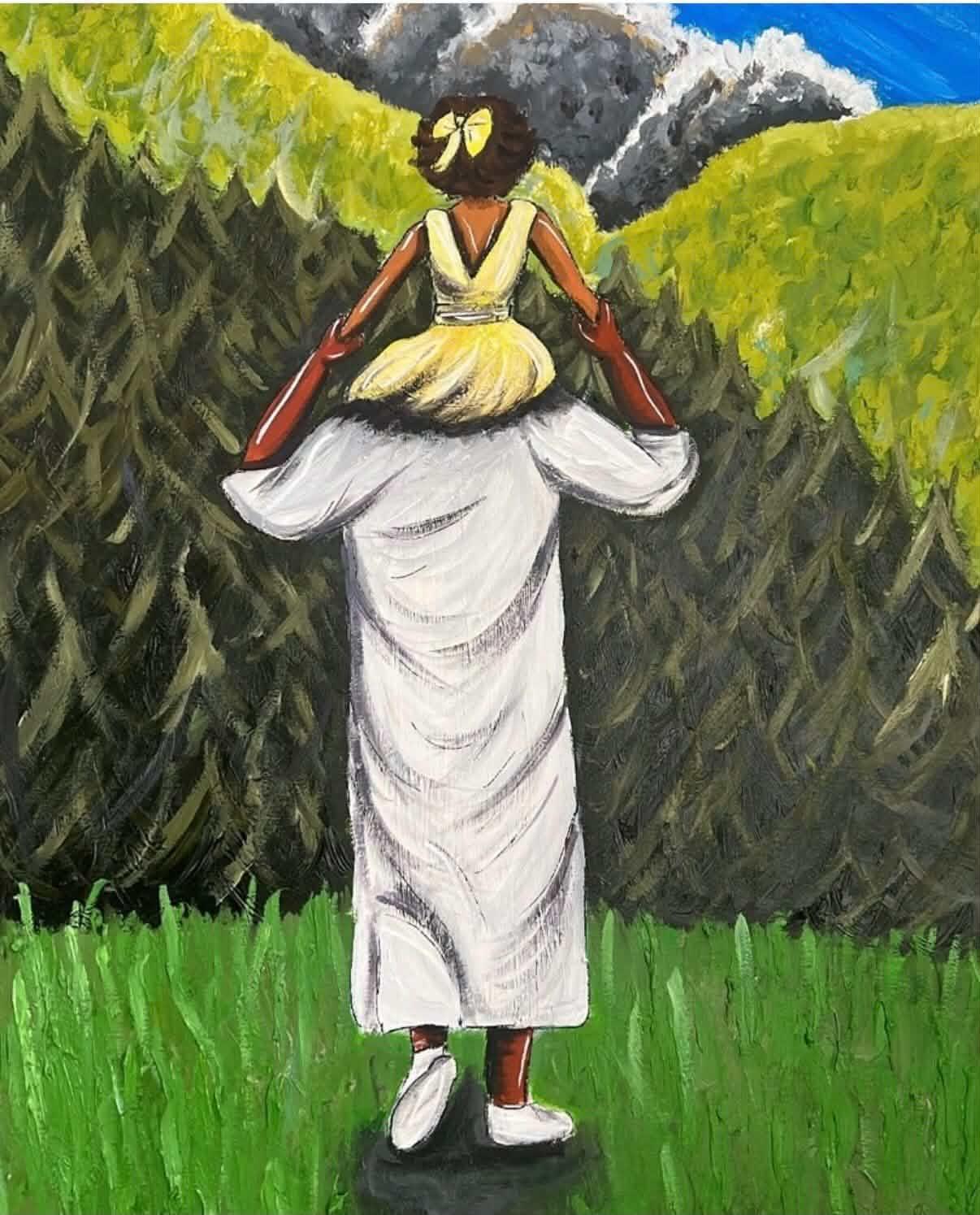 Toile peinte : un homme en qamis blanc, de dos, porte sur ses épaules une petite fille en robe jaune, face à des collines vertes et des montagnes enneigées
